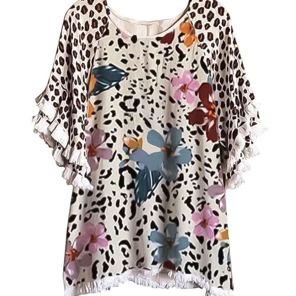 New Lace Ruffle Sleeves Crew Neck Print Colorblock Women's Loose T-Shirt